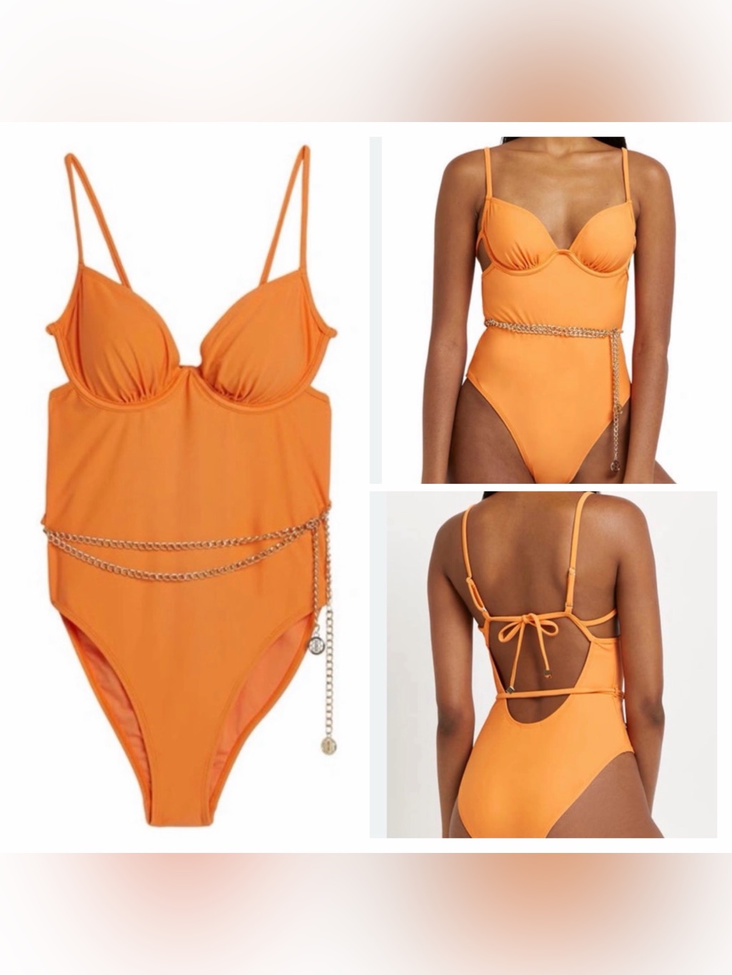 River Island Chain Detail Underwire 1-Piece Swimsuit, Sz Us 10 / Uk 14